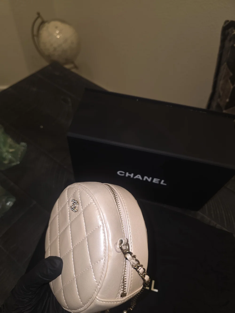 CHANEL Beige Iridescent Calfskin Quilted Round Pearl Chain Crossbody Bag